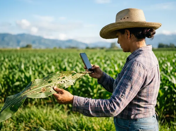 Uma agricultora fotografa com o celular uma folha de milho comida pela lagarta