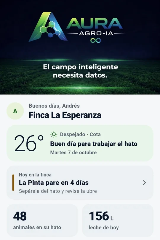 La pantalla de inicio de AURA: el tiempo de hoy y el próximo parto