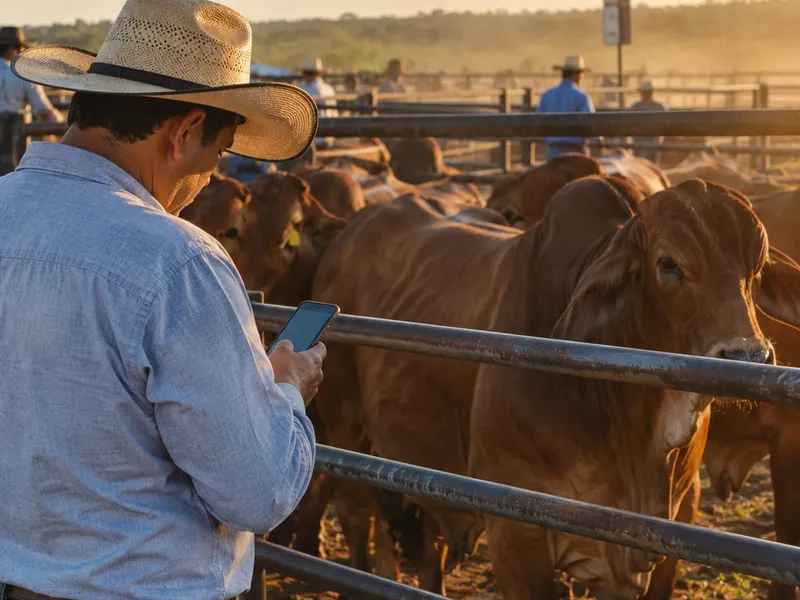 A cattle buyer checks his phone next to red Brahman steers at the auction