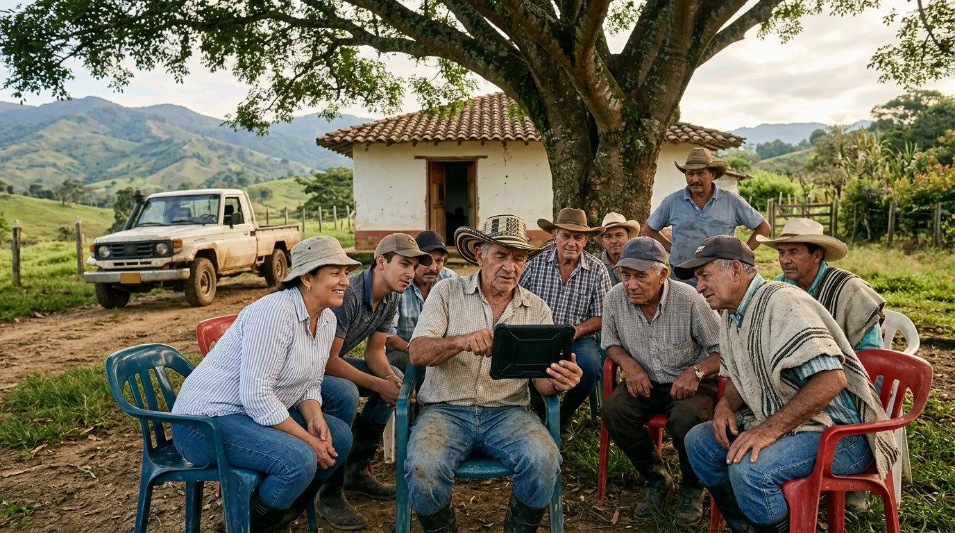 Productores con sombrero reunidos bajo un árbol, mirando juntos una tableta