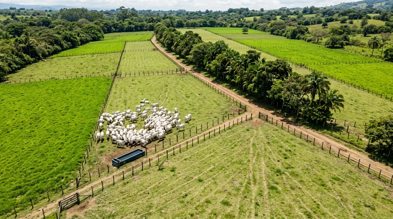 Vista aérea de una finca: potreros con cerca, un hato de ganado blanco, un bebedero y el camino