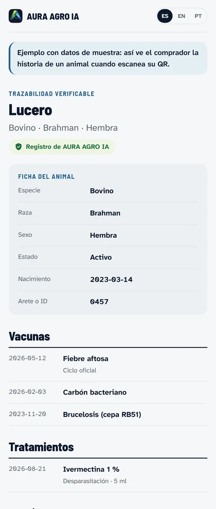 Ejemplo de la página pública de un animal: ficha, vacunas y tratamientos